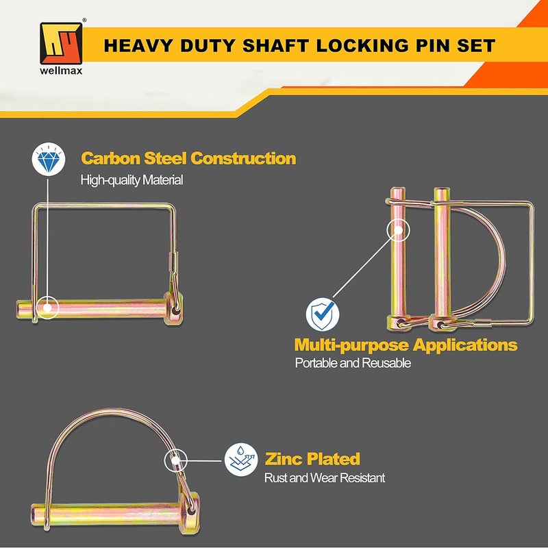Wellmax 20 Pcs Shaft Locking Pin in 1/4", 5/16" and 3/8" Diameter Zinc-Plated Heavy Duty Safety Pins, Trailer Hitch Pin for Trailer Lock and Hitch Pin Lock for Farm Lawn Garden Wagons, Gold Color - Image 5